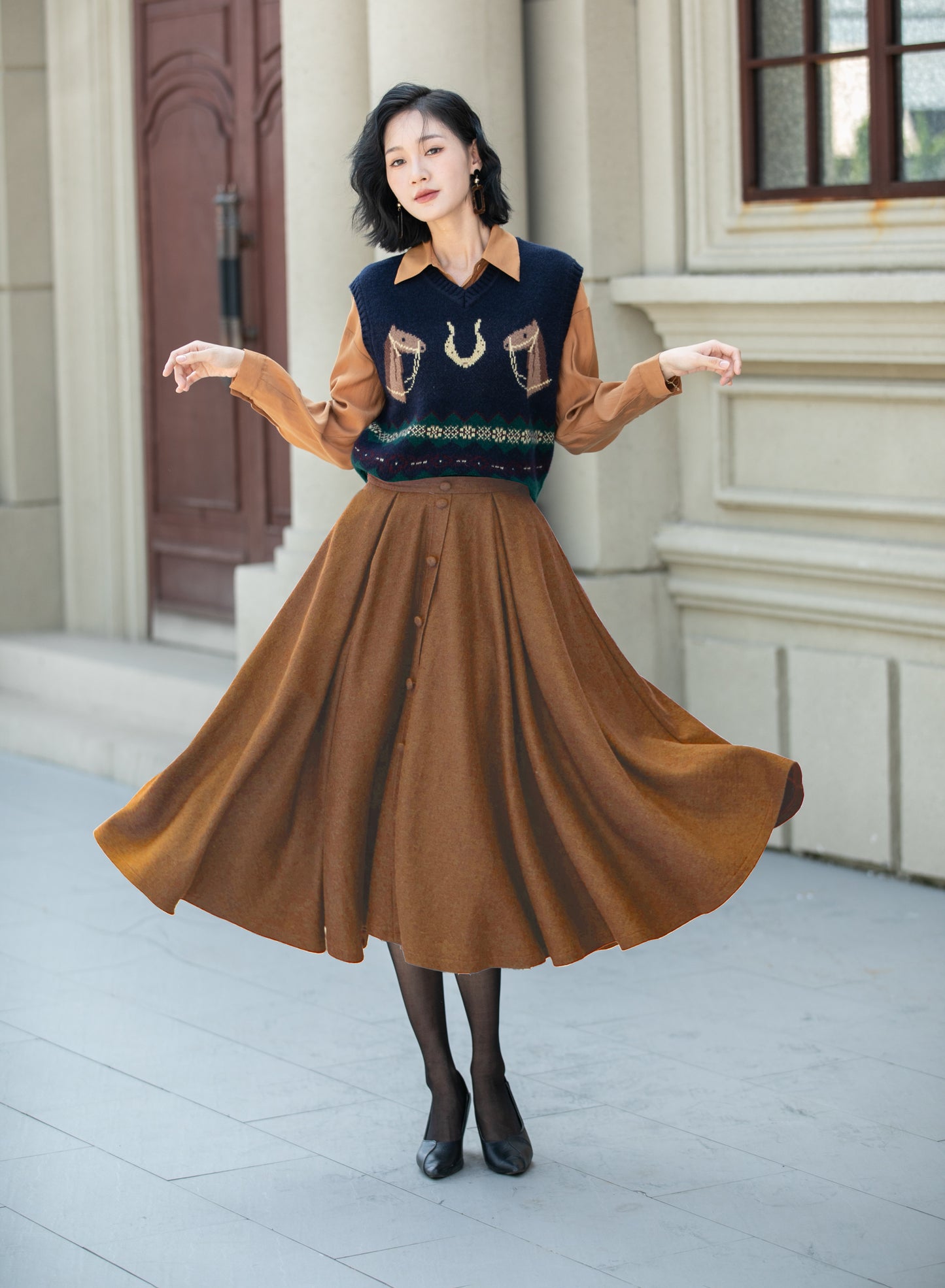 High waist a line winter wool skirt 6339