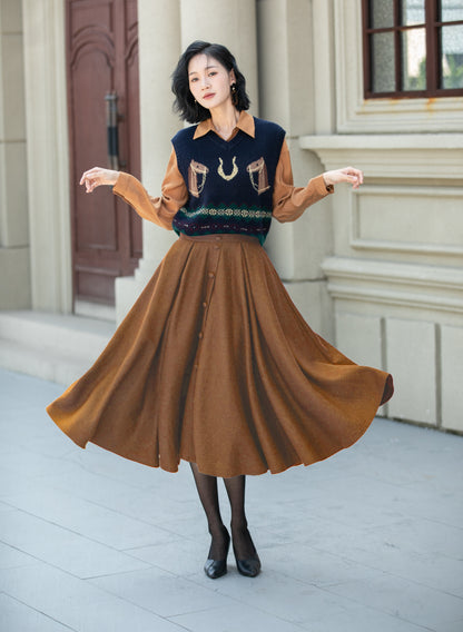 Camel Wool Midi Skirt - High Waist A-Line Flared 6339