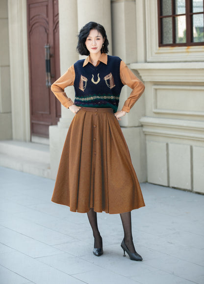 Camel Wool Midi Skirt - High Waist A-Line Flared 6339