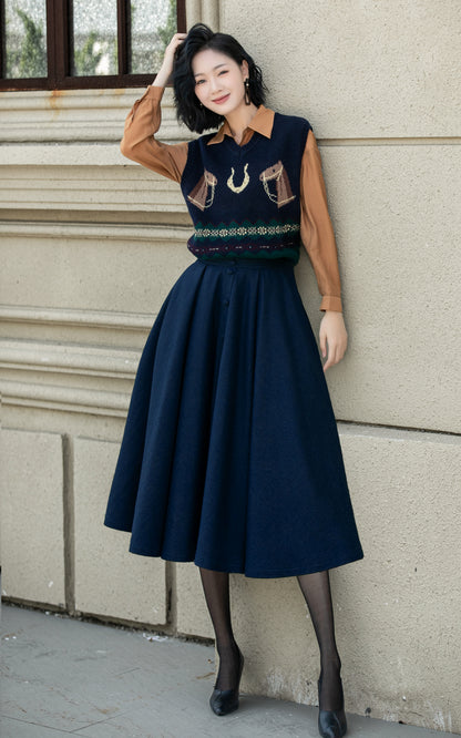 High waist a line winter wool skirt 6338