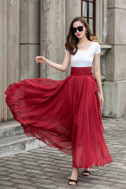 Handmade Chiffon Swing Skirt – Elegant High Waist Maxi Skirt with Belt | Xiaolizi 4293