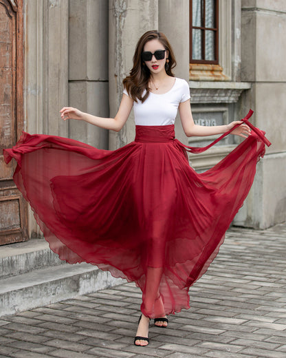 Handmade Chiffon Swing Skirt – Elegant High Waist Maxi Skirt with Belt | Xiaolizi 4293