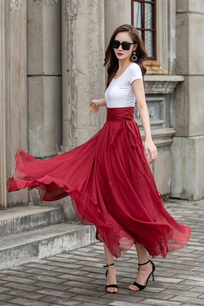Handmade Chiffon Swing Skirt – Elegant High Waist Maxi Skirt with Belt | Xiaolizi 4293