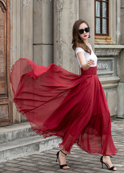 Handmade Chiffon Swing Skirt – Elegant High Waist Maxi Skirt with Belt | Xiaolizi 4293