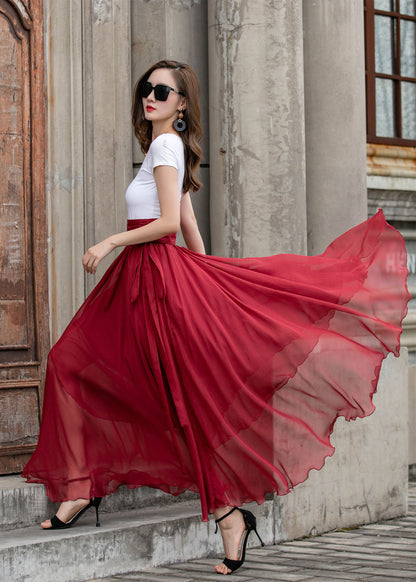 Handmade Chiffon Swing Skirt – Elegant High Waist Maxi Skirt with Belt | Xiaolizi 4293