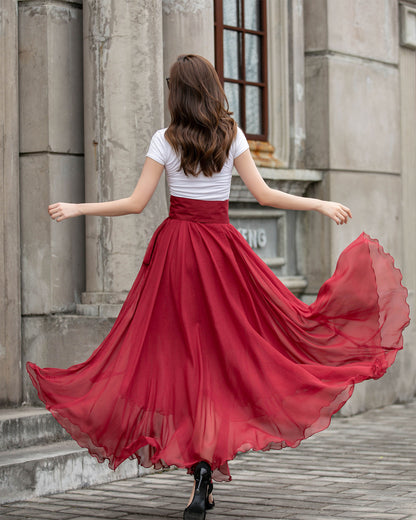 Handmade Chiffon Swing Skirt – Elegant High Waist Maxi Skirt with Belt | Xiaolizi 4293