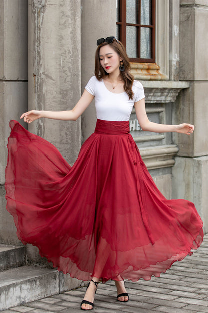 Handmade Chiffon Swing Skirt – Elegant High Waist Maxi Skirt with Belt | Xiaolizi 4293