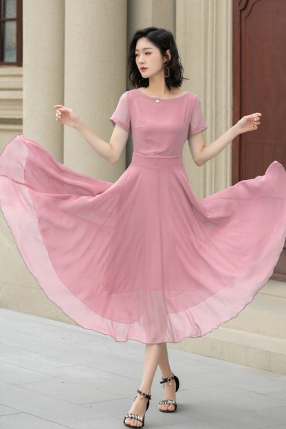 Pink Chiffon Midi Dress - Flowy Swing Silhouette with Fit Waistband 6034