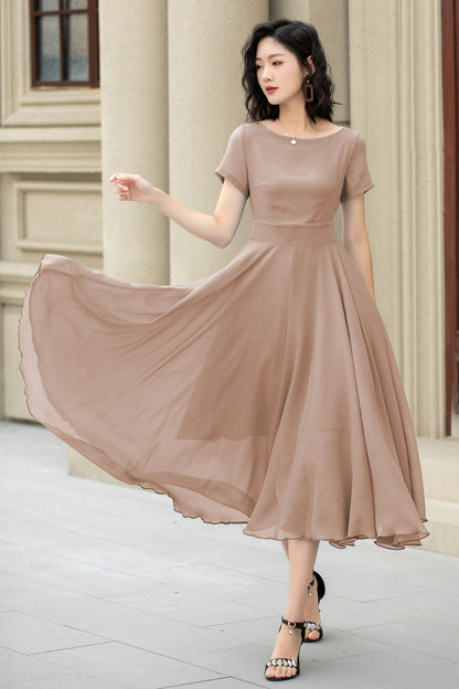 Beige Chiffon Midi Swing Dress - Fit Waist, Boat Neckline 6033