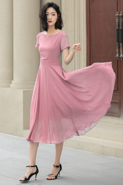 Pink Chiffon Midi Dress - Flowy Swing Silhouette with Fit Waistband 6034