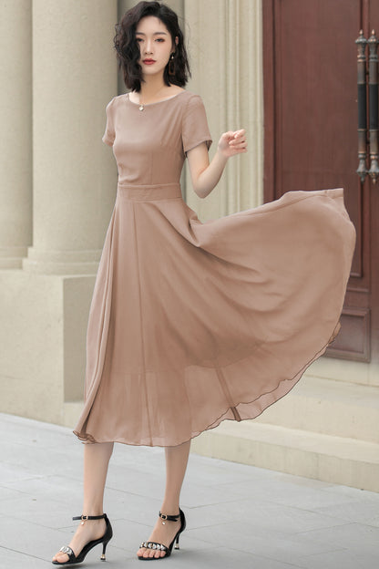 Beige Chiffon Midi Swing Dress - Fit Waist, Boat Neckline 6033