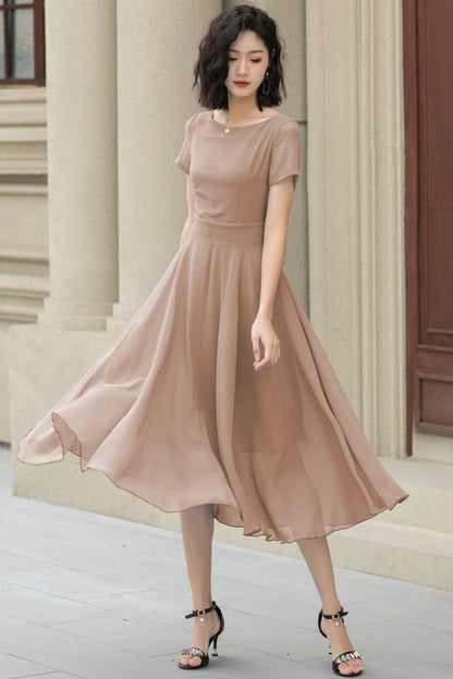 Beige Chiffon Midi Swing Dress - Fit Waist, Boat Neckline 6033