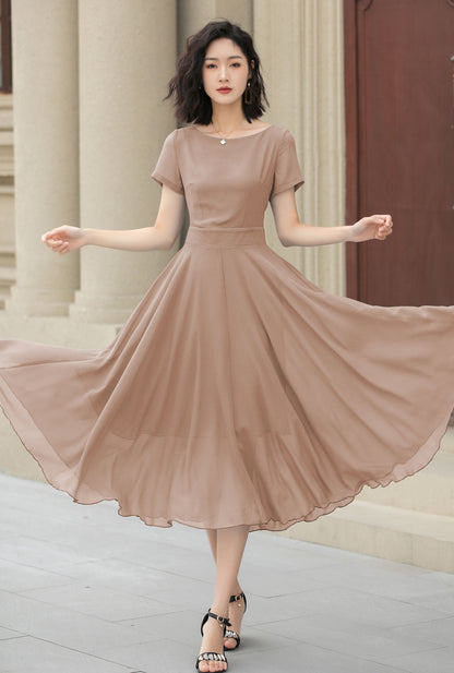Beige Chiffon Midi Swing Dress - Fit Waist, Boat Neckline 6033