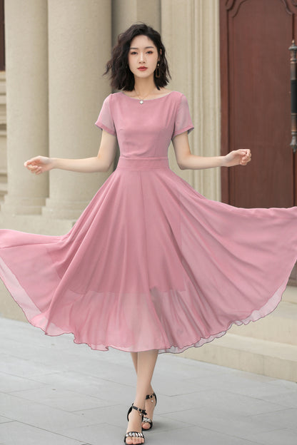 Pink Chiffon Midi Dress - Flowy Swing Silhouette with Fit Waistband 6034