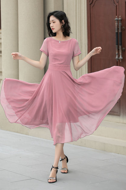 Pink Chiffon Midi Dress - Flowy Swing Silhouette with Fit Waistband 6034
