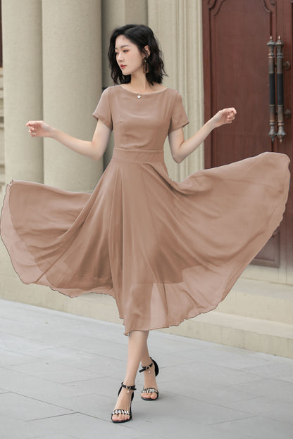 Beige Chiffon Midi Swing Dress - Fit Waist, Boat Neckline 6033