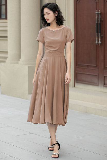 Beige Chiffon Midi Swing Dress - Fit Waist, Boat Neckline 6033