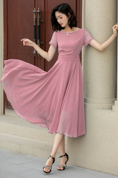 Pink Chiffon Midi Dress - Flowy Swing Silhouette with Fit Waistband 6034