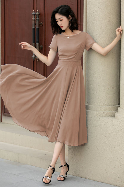 Beige Chiffon Midi Swing Dress - Fit Waist, Boat Neckline 6033