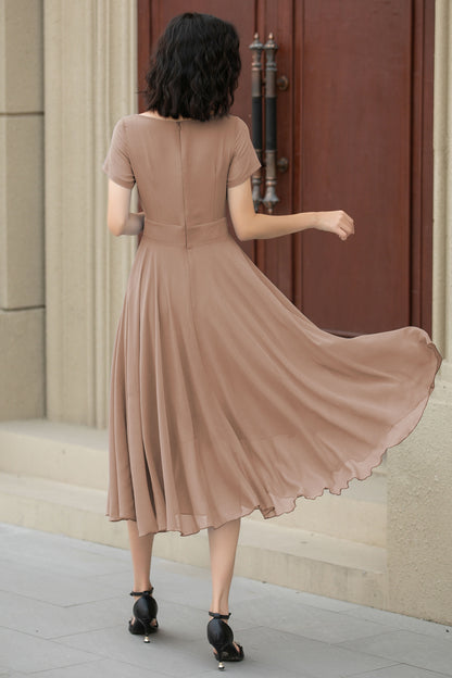 Beige Chiffon Midi Swing Dress - Fit Waist, Boat Neckline 6033