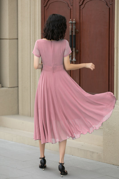 Pink Chiffon Midi Dress - Flowy Swing Silhouette with Fit Waistband 6034