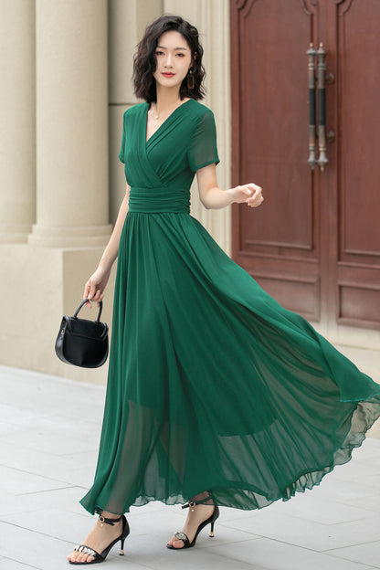 Flowy Green Chiffon Dress – Bridesmaid, Garden Party & Wedding Guest Dress | Xiaolizi 6025