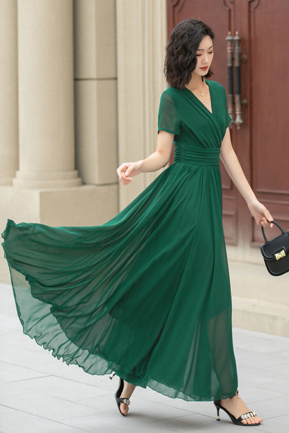 Flowy Green Chiffon Dress – Bridesmaid, Garden Party & Wedding Guest Dress | Xiaolizi 6025