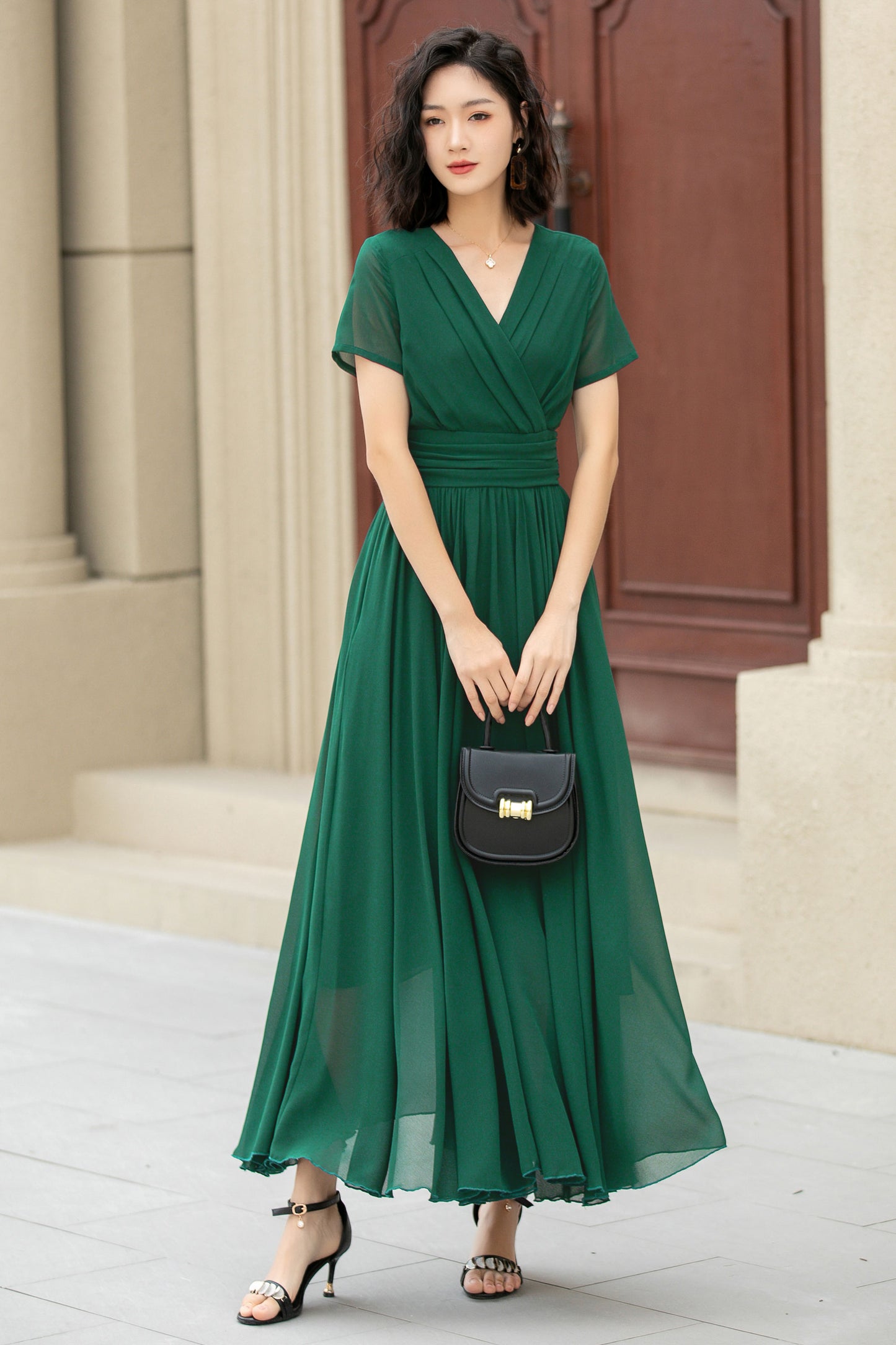 Flowy Green Chiffon Dress – Bridesmaid, Garden Party & Wedding Guest Dress | Xiaolizi 6025