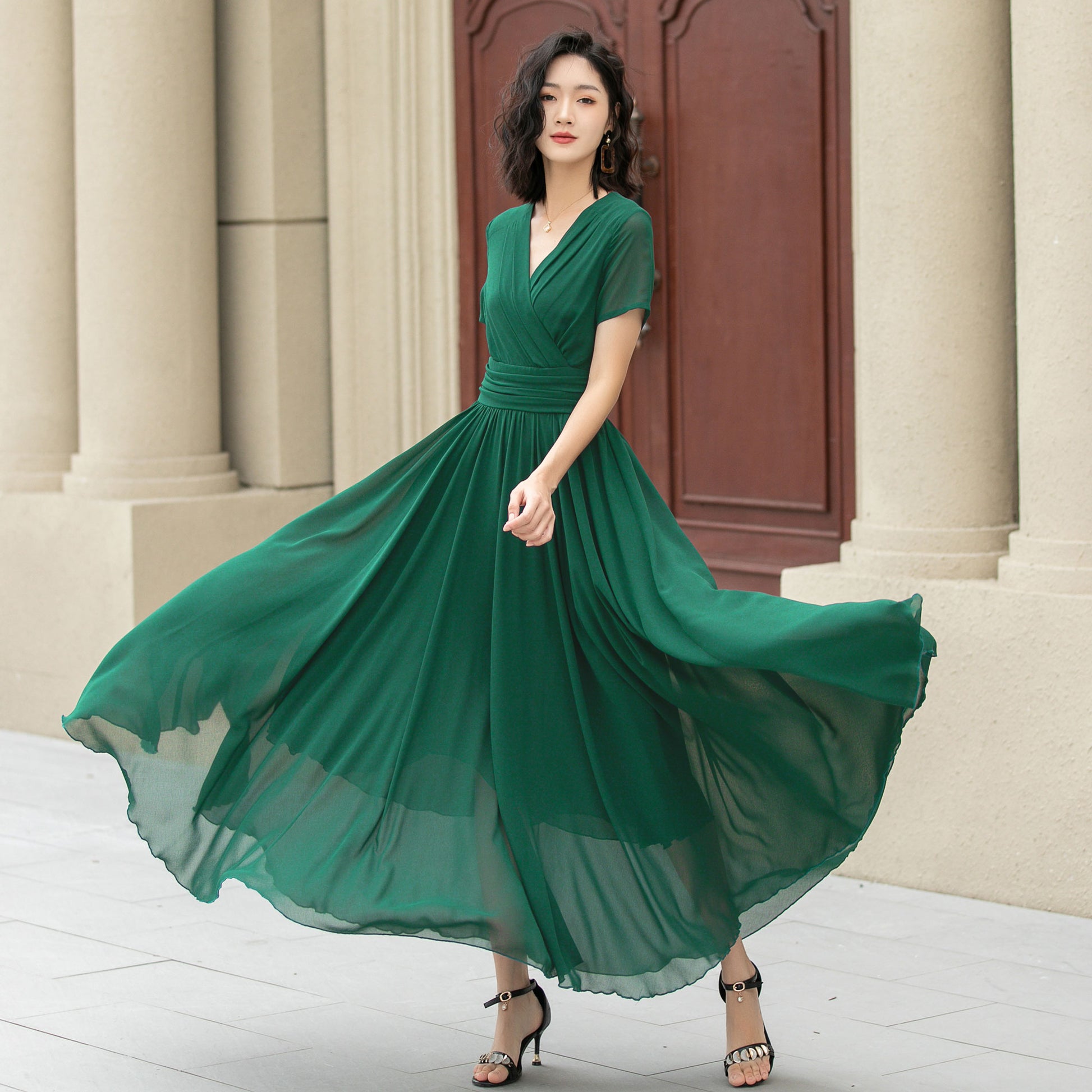 Deep Green Chiffon Maxi Dress Elegant V-Neck Empire Gown | Xiaolizi Emerald Green / S Deep Green Chiffon Maxi Dress Elegant V-Neck Empire Gown | Xiaolizi Emerald Green / S
