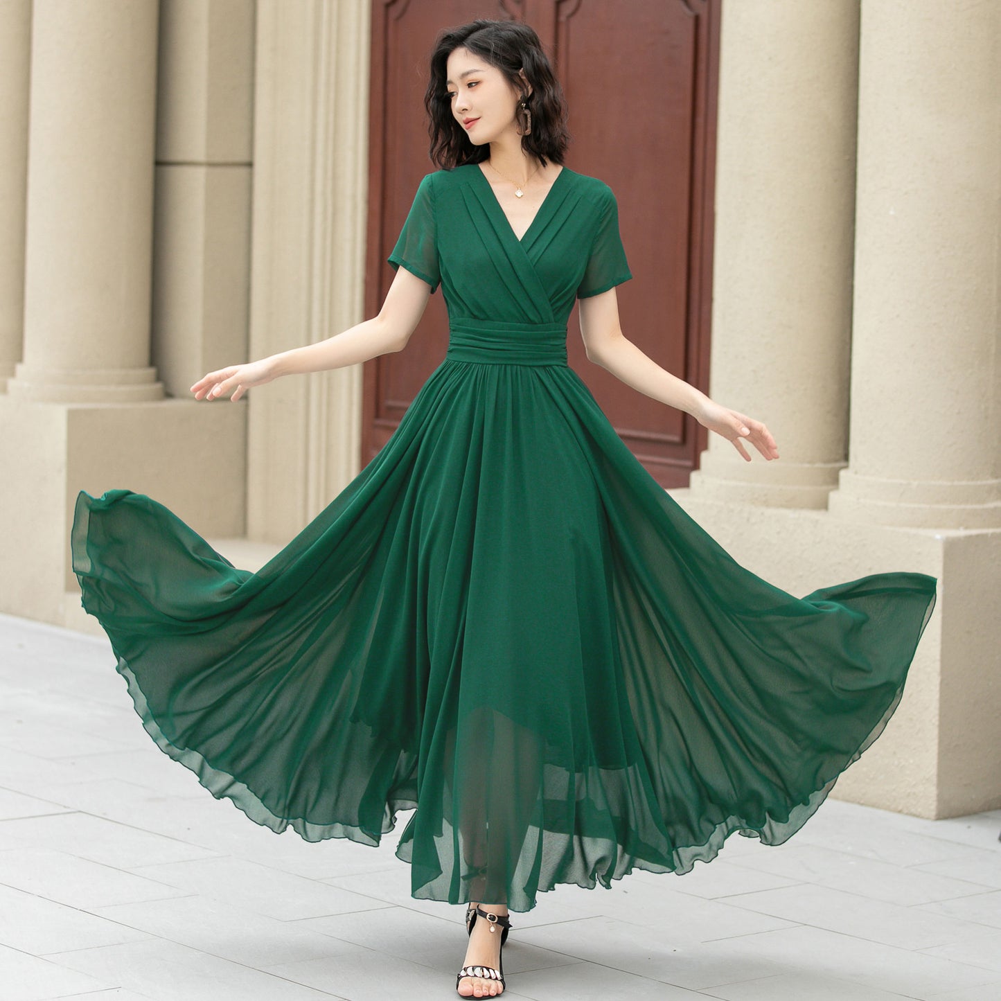 Flowy Green Chiffon Dress – Bridesmaid, Garden Party & Wedding Guest Dress | Xiaolizi 6025