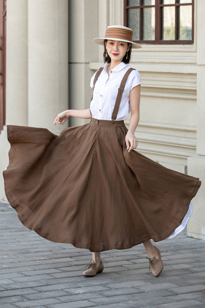 Maxi brown suspender linen skirt women 4892