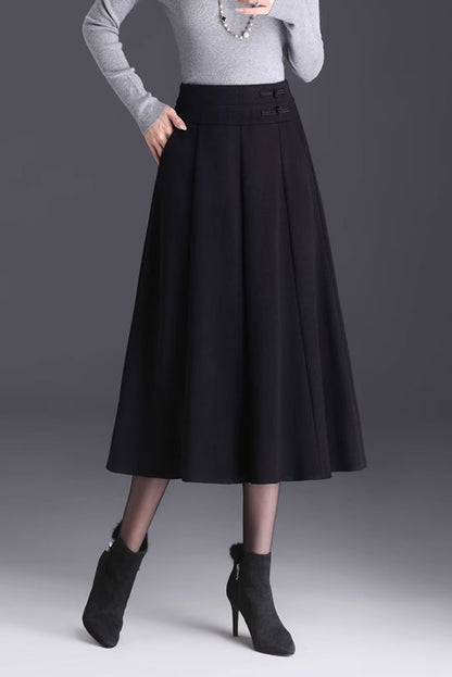 Elegant Brown Wool Skirt – Handmade A-Line Midi, Lined & With Pockets | Xiaolizi 4745