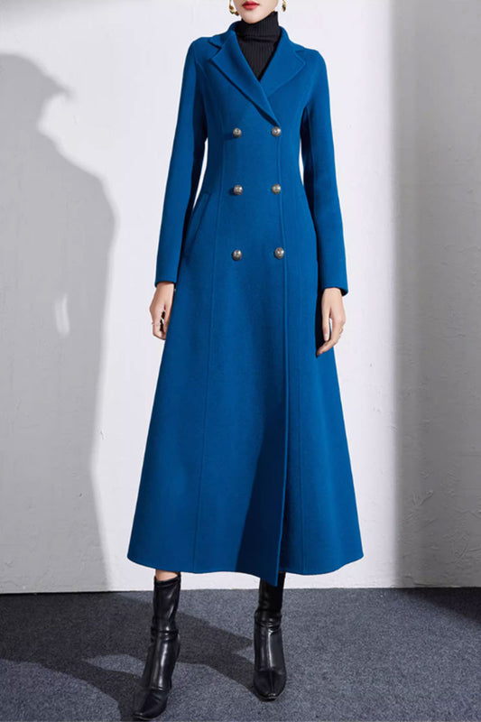 Blue double breasted winter long wool coat women 4699