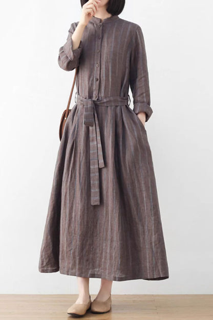 Brown Linen Maxi Dress - Banded Neckline with Pockets 4828