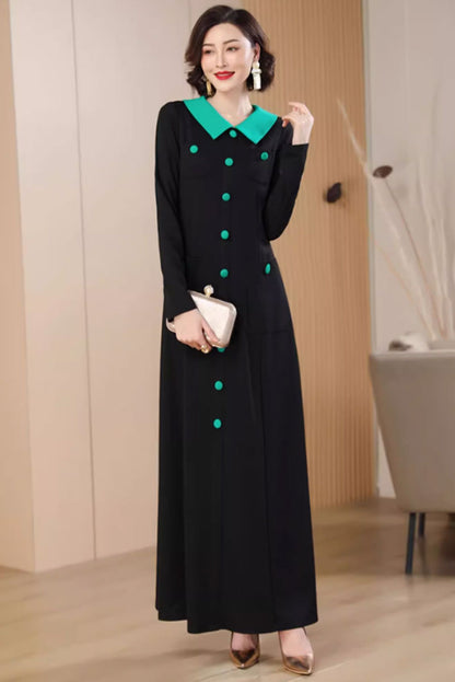 Black Polyester Maxi Dress - Fit and Flare with Lapel Collar 4786
