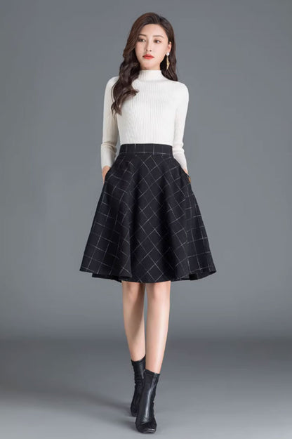 Black Wool Skater Skirt - Elegant A-Line Winter Essential 4655-4