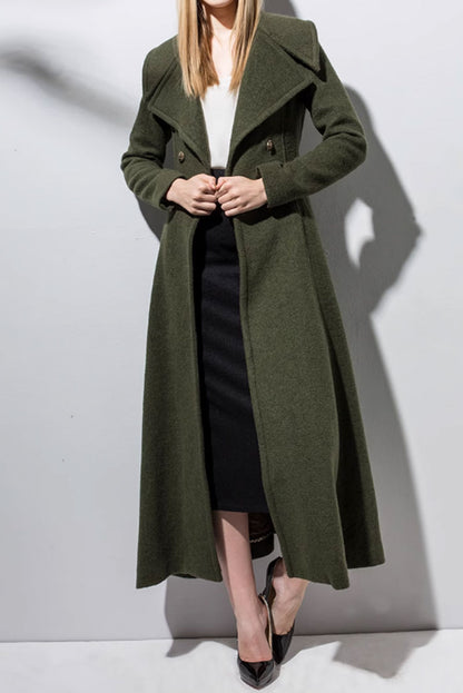 Army Green Wool Coat - Double Breasted, Long Sleeve Winter Elegance 4716