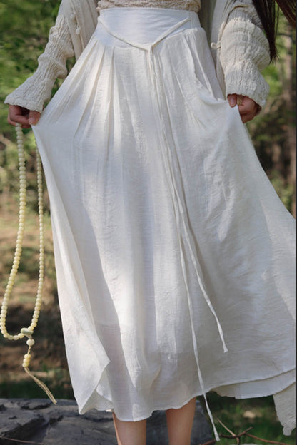 Beige Linen Swing Pleated Skirt - Fitted Waist, Summer Comfort 4342