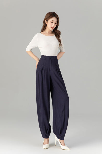 Navy loose fitting wide leg linen pants Handmade by Xiaolizi 5914
