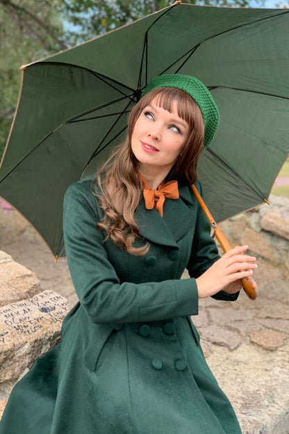 Vintage Green Wool Coat – Elegant Double-Breasted Fit and Flare Winter Overcoat 3155