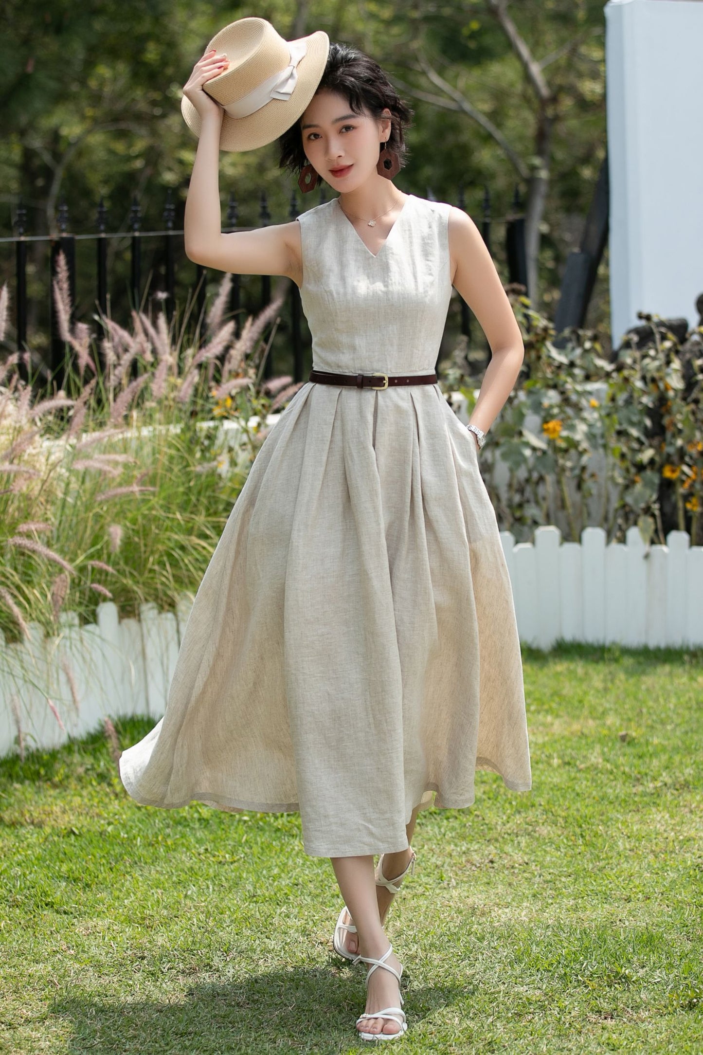 Beige Linen Midi Dress - Sleeveless V-Neck | Xiaolizi 6746 - Size XS #CK2600255