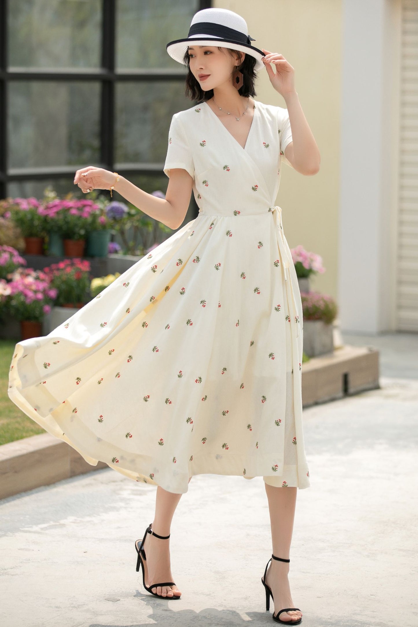 Handmade Cream White Embroidered Linen Cotton Wrap Dress – Vintage Summer Midi 5835