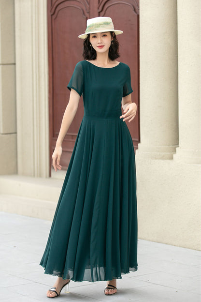 Fit and flare green summer chiffon dresses 5144