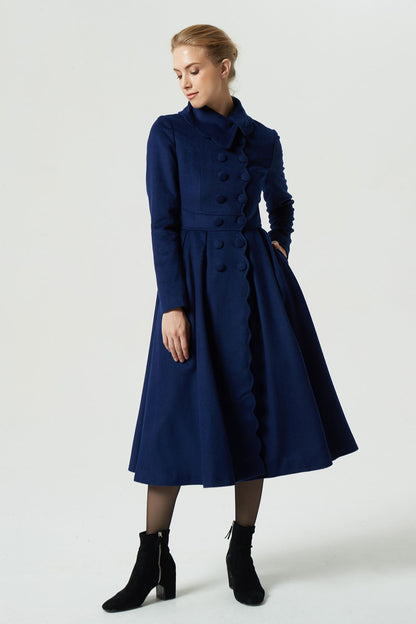 Handmade Navy Wool Coat – Vintage Princess Winter Maxi Overcoat 1971