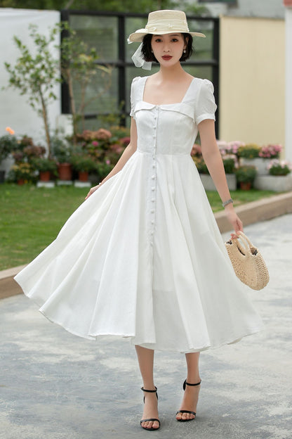 White Linen Midi Swing Dress - Square Neckline with Puff Sleeves 5980
