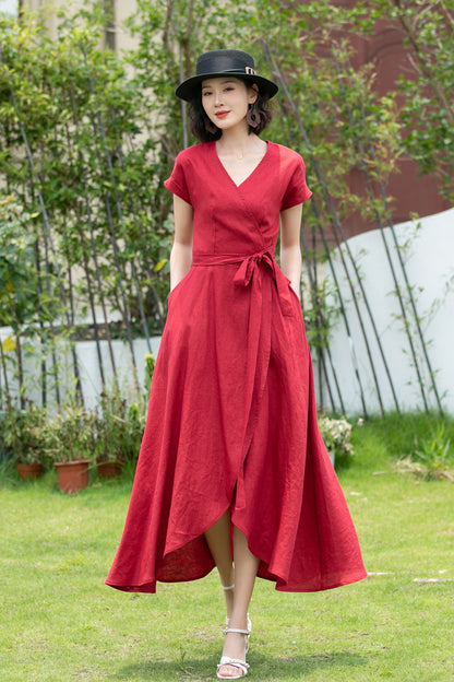 Short sleeve Burgundy Linen Wrap dress 5202