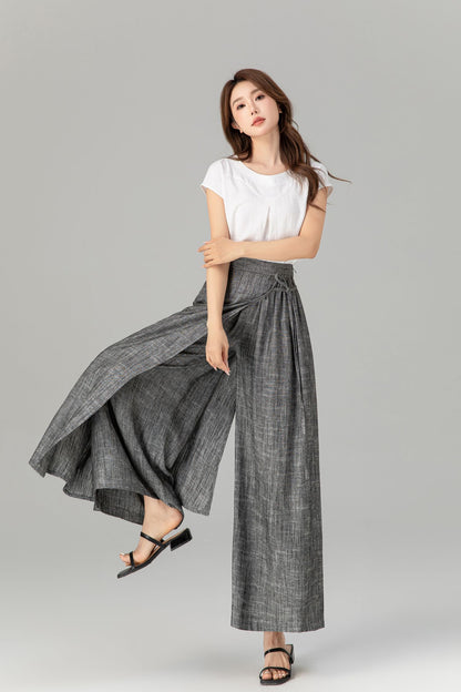 Gray Linen Cotton Wide Leg Wrap Pants - Asymmetrical Ankle | Xiaolizi 4938