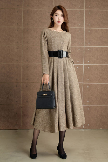 Handmade Wool Blend Dress – Elegant Camel Midi with Pockets 5361