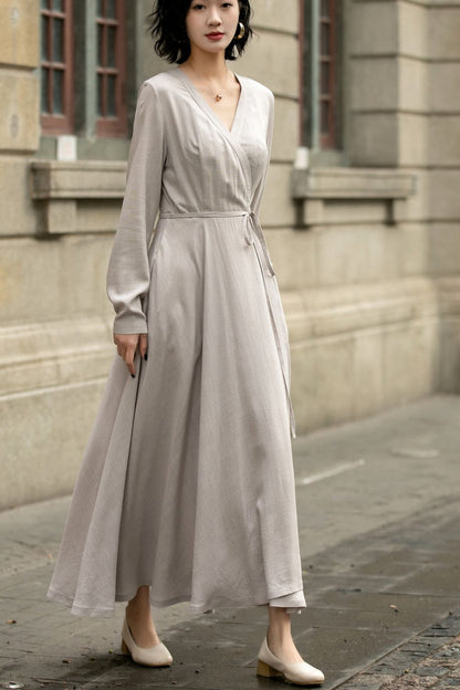 Gray Linen Dress - Wrap Style with Long Sleeves and Waist Tie 5672