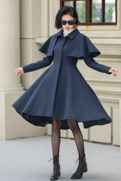 Navy Blue Wool Coat – Vintage Winter Cape Overcoat with High-Low Hem 5352